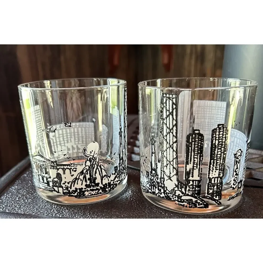 Vintage Pair of Chicago Skyline Rocks Glasses Whiskey Tumblers Black And White
